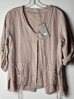 NWT Made in Italy Dusty Rose/Beige Linen Top Boho Lagenlook Sequin Pocket Tunic